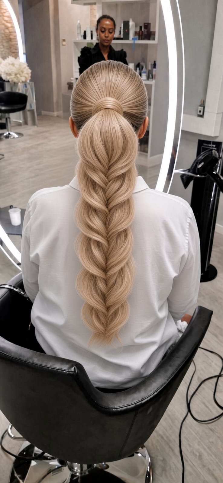 Rear view of a person with a long blonde braided ponytail, seated in a salon chair and framed by a brightly lit mirror.
