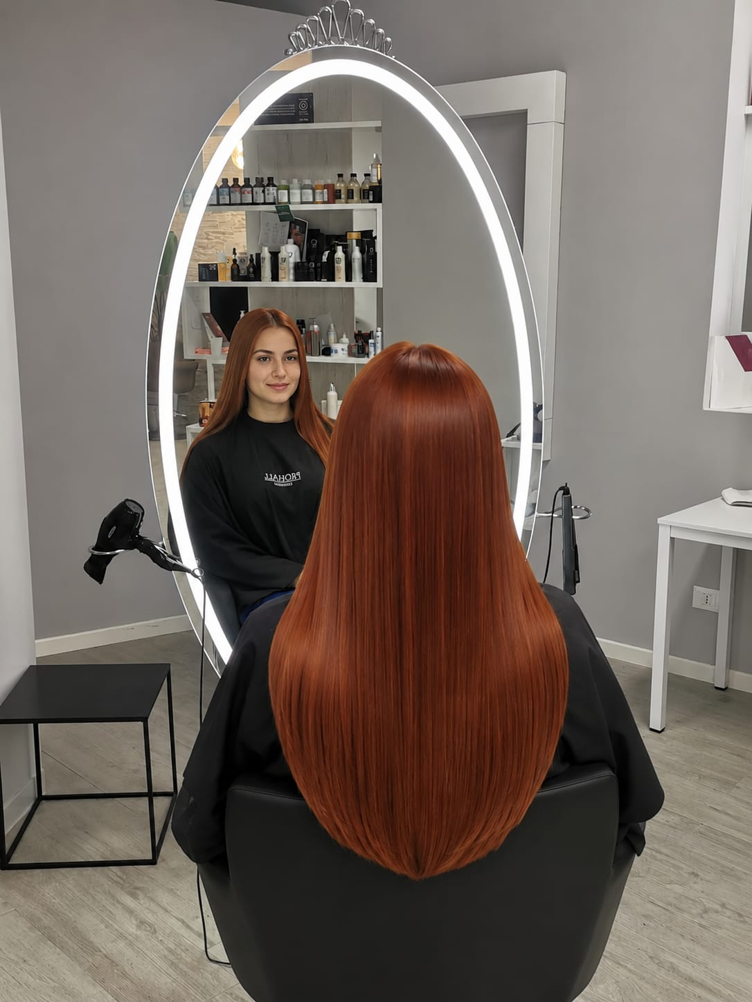 Rear view of a seated person with long, wavy reddish-brown hair, reflected in a large illuminated mirror with bright indoor lighting.